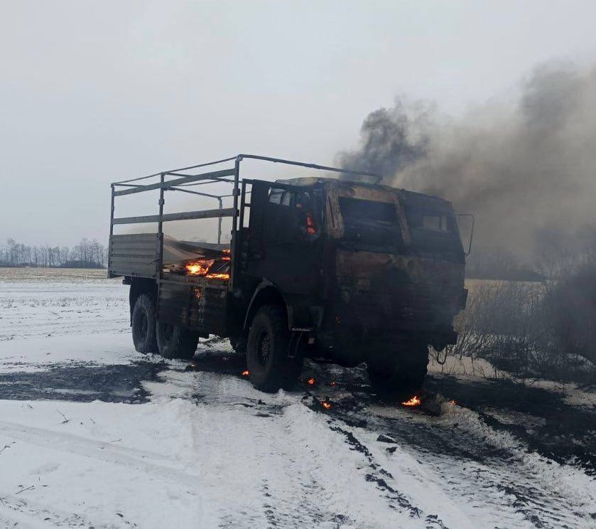 Destruction of a Russian KAMAZ 5350 Mustang truck in Belgorod