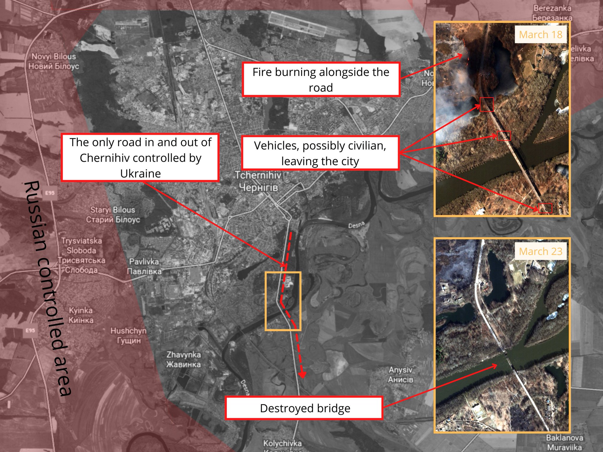 Satellite imagery: Desna Bridge near Chernihiv destroyed