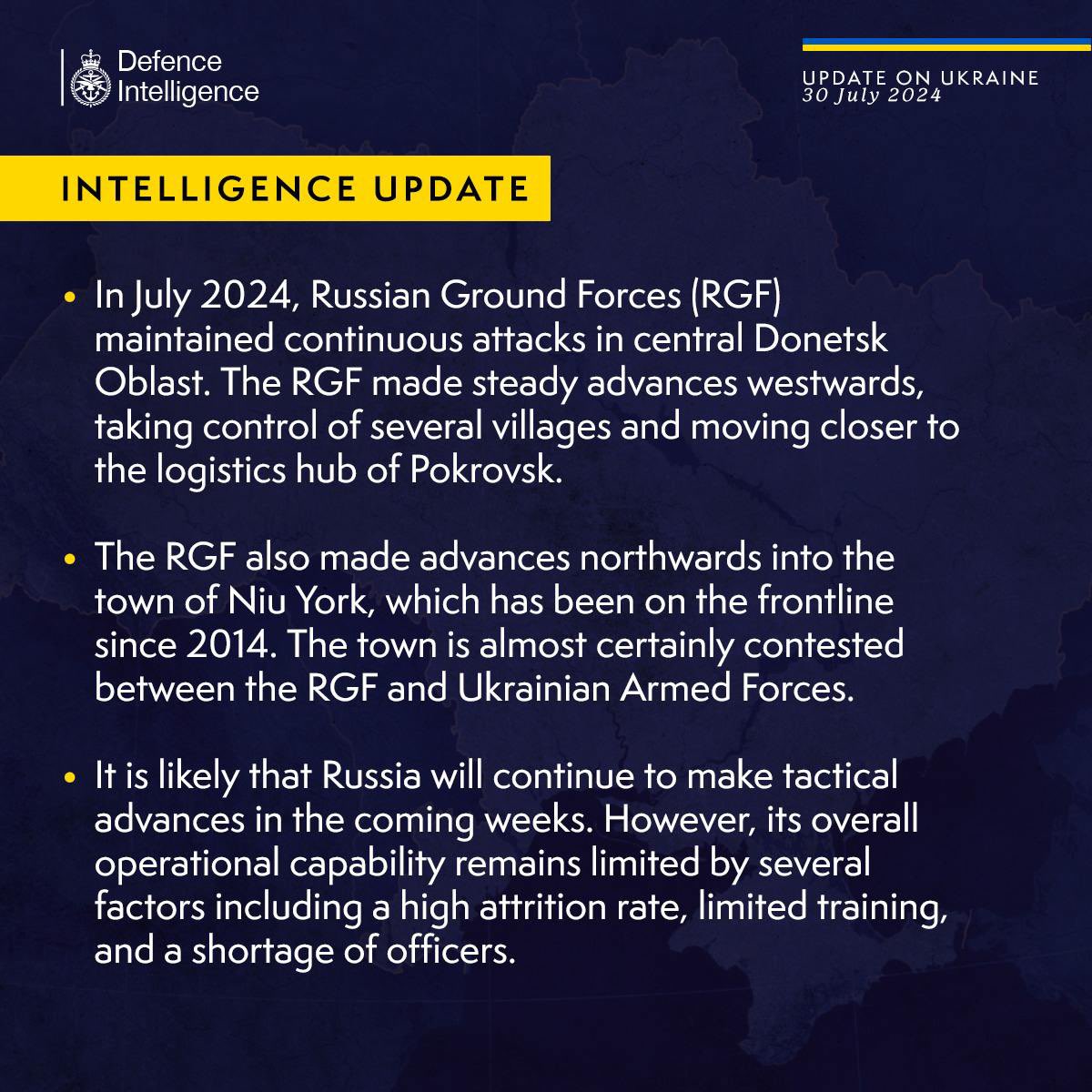 British intelligence reports Russian advances in Donetsk Oblast