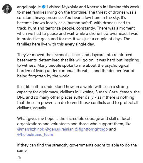 Angelina Jolie condemns Russia’s ‘genocidal human safari’ in Kherson