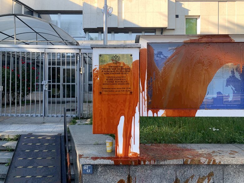 Czech activists splashed embassy with ‘blood’ in Prague
