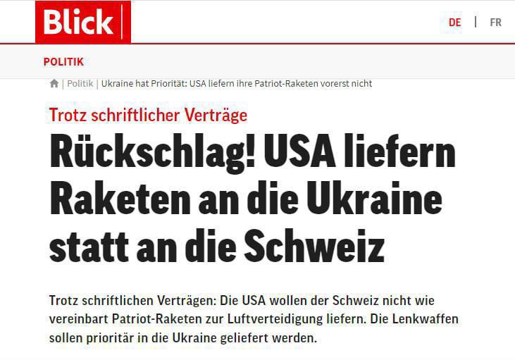 USA halts Patriot missile supply to Switzerland for Ukraine