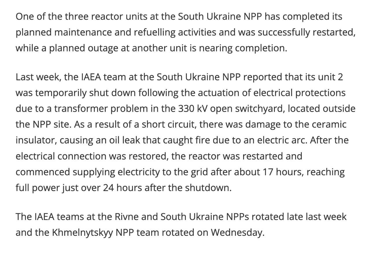 South Ukraine NPP unit shut down due to transformer failure