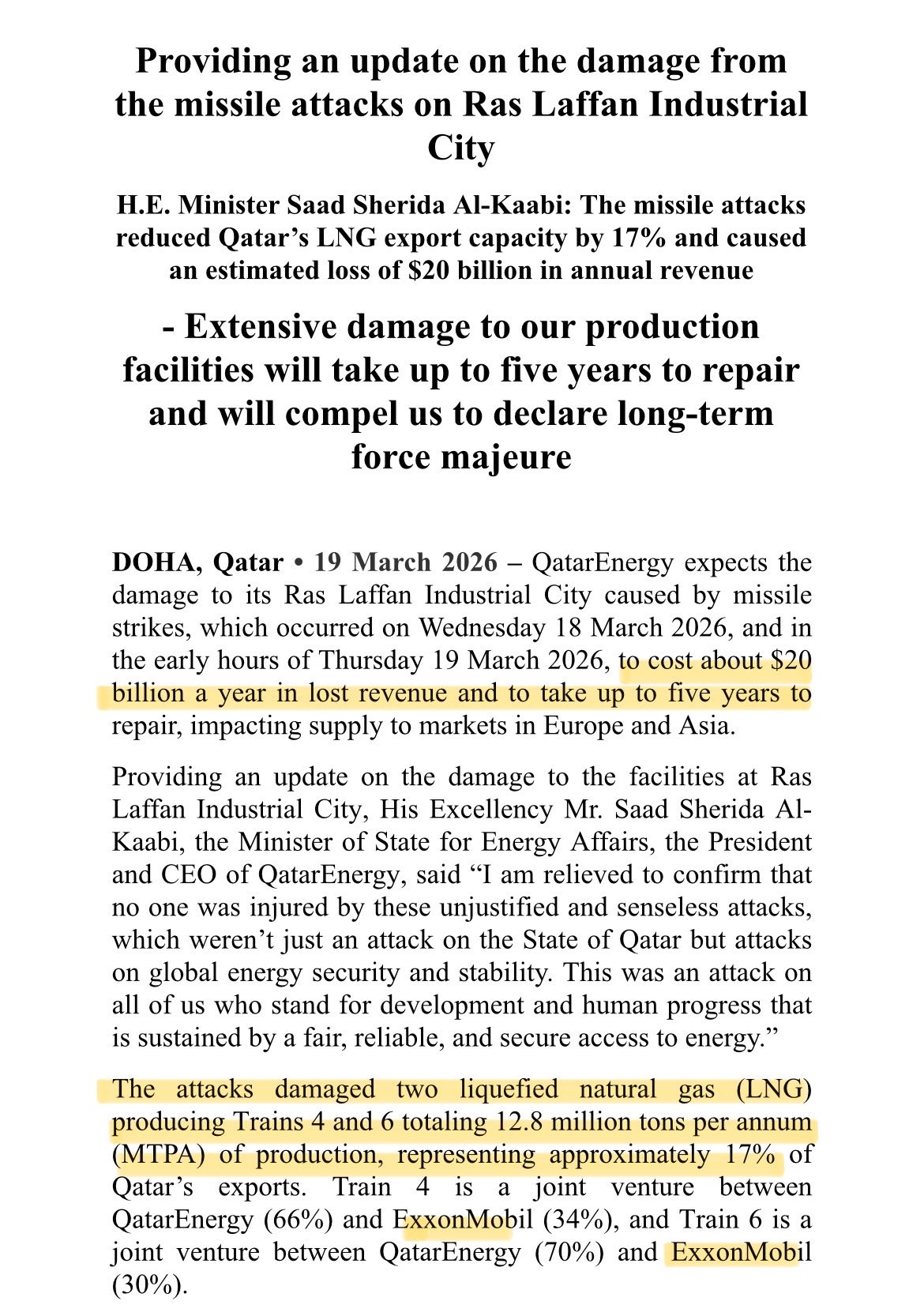 QatarEnergy Issues Statement After Overnight Strikes on GTL Plant