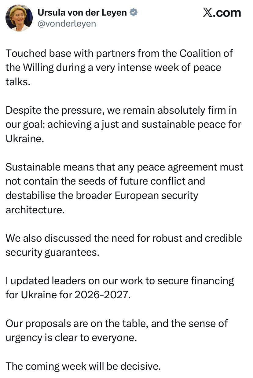 Von der Leyen: Ukraine peace deal must prevent future conflicts, ensure stability.
