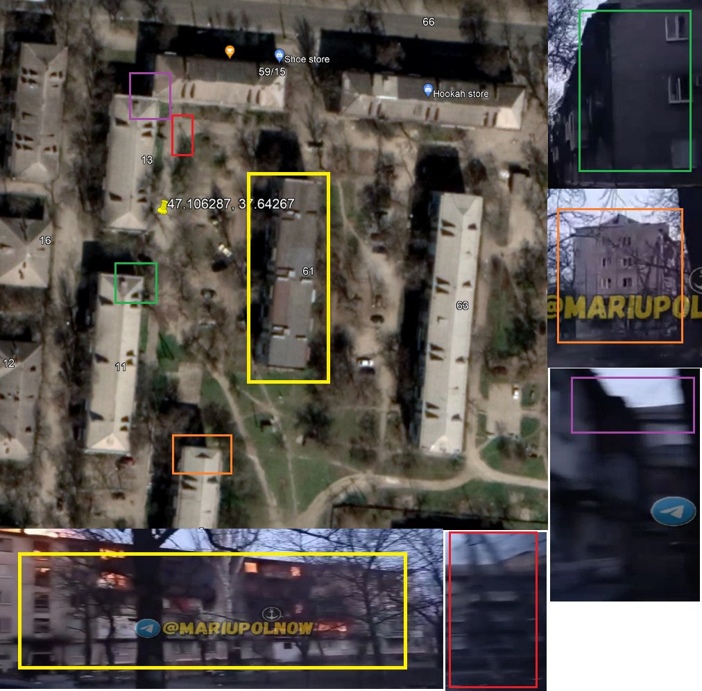 Vidéo de dégâts à Marioupol depuis 47.106287, 37.64267