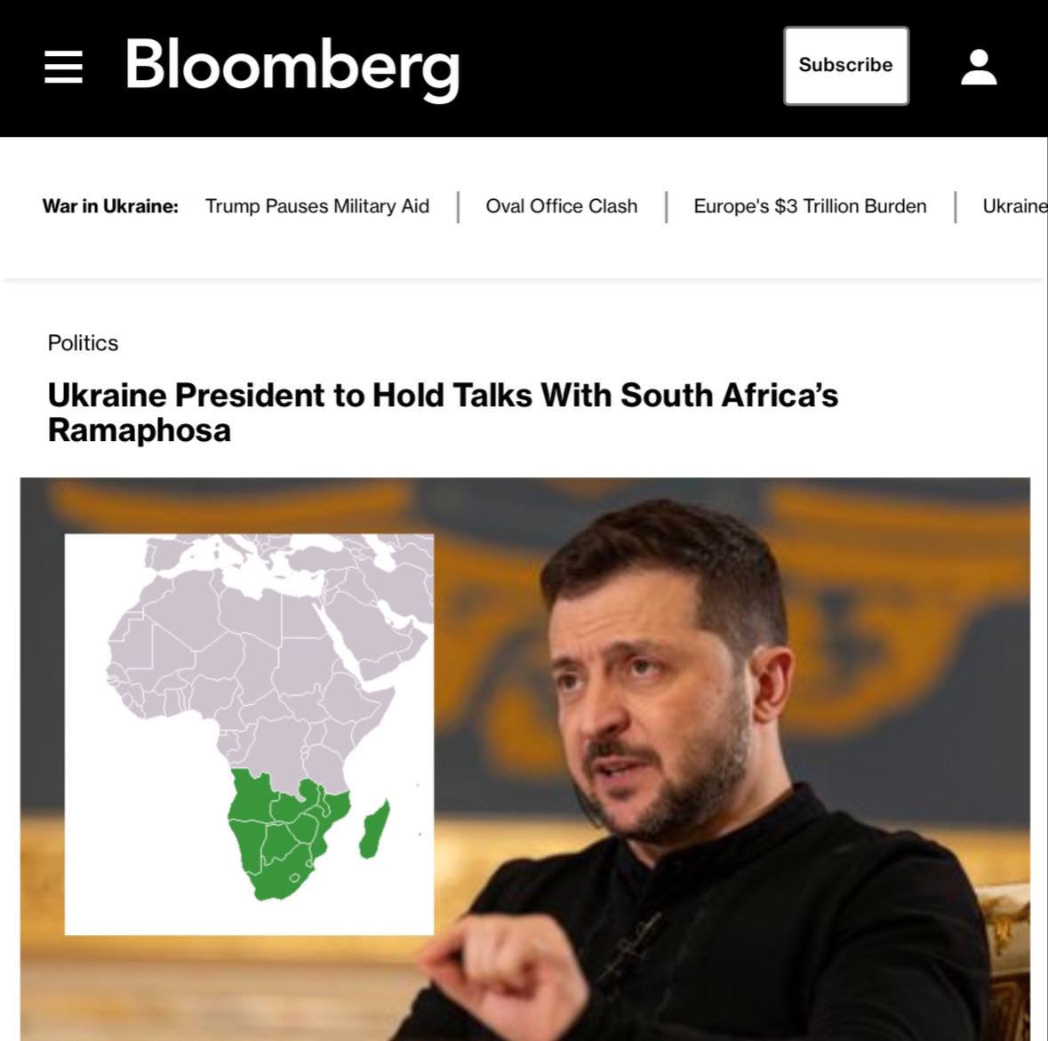 Zelenskyy’s South Africa visit next month reported by Bloomberg.