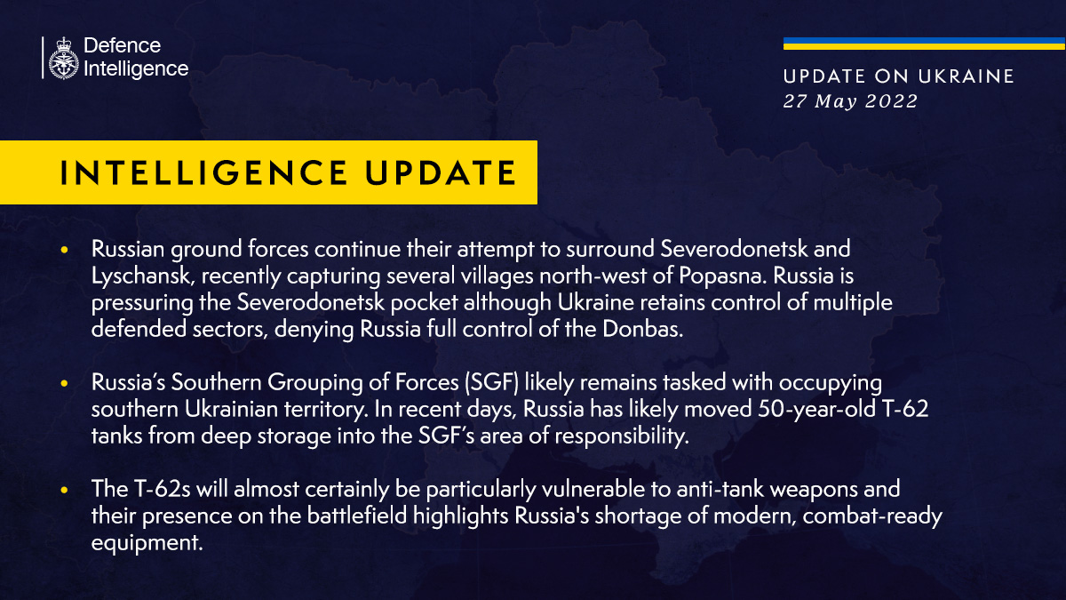 UK Intelligence: Russia deploys old T-62 tanks in southern Ukraine, vulnerable to anti-tank weapons.