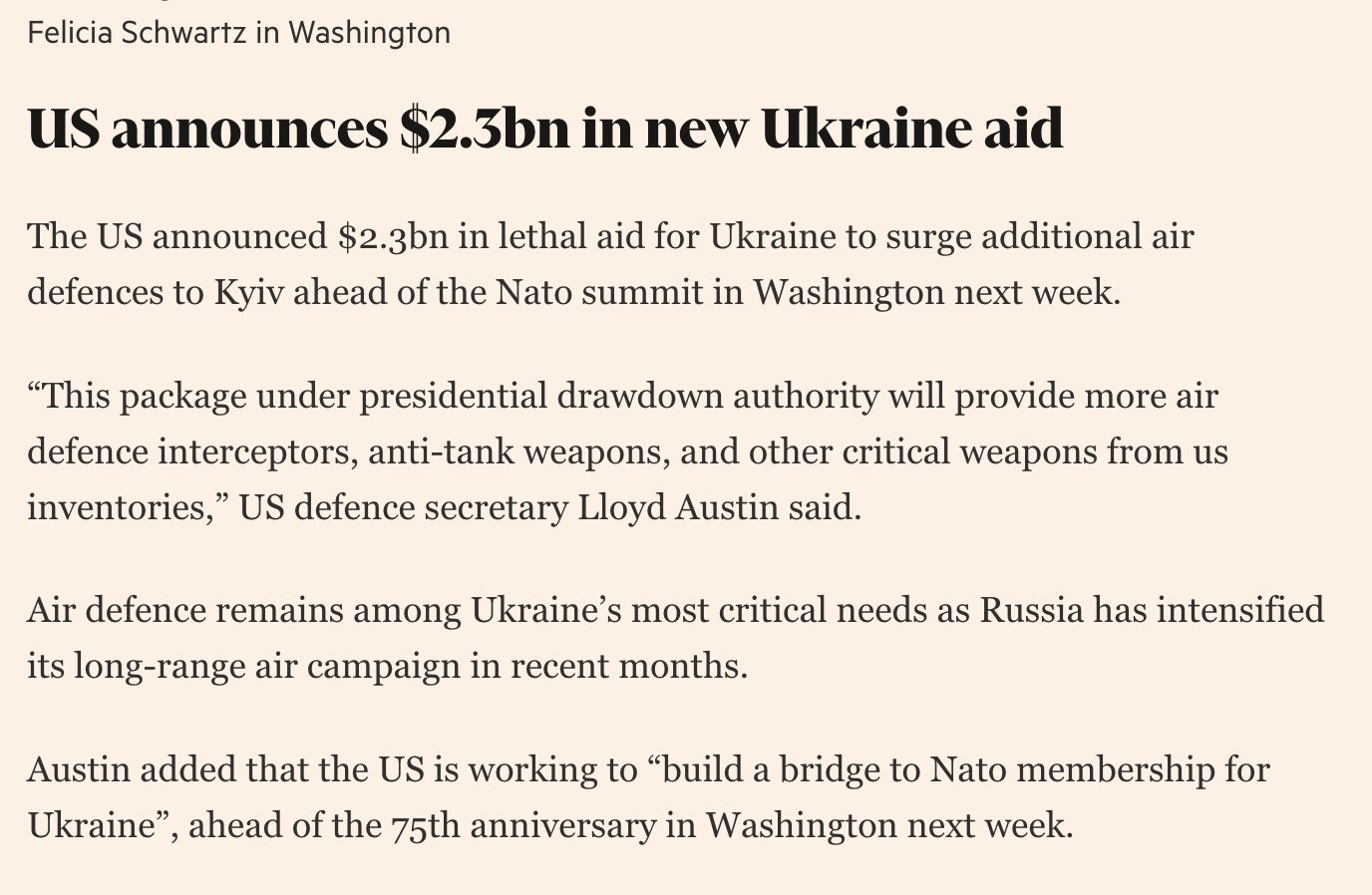 US pledges $2.3bn lethal aid for Ukraine air defenses ahead of NATO summit