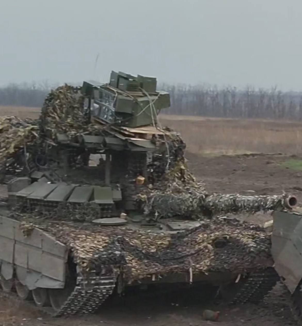 Damaged Russian T-72B3 tank with EW stations