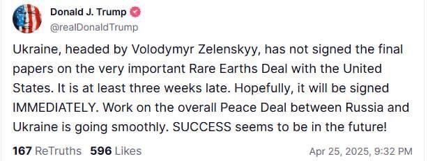 Trump: Zelensky delays rare earths deal signing for three weeks