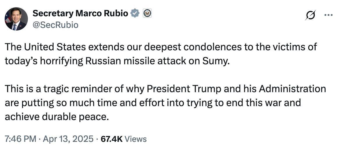 US expresses condolences to victims of Russian missile attack on Sumy