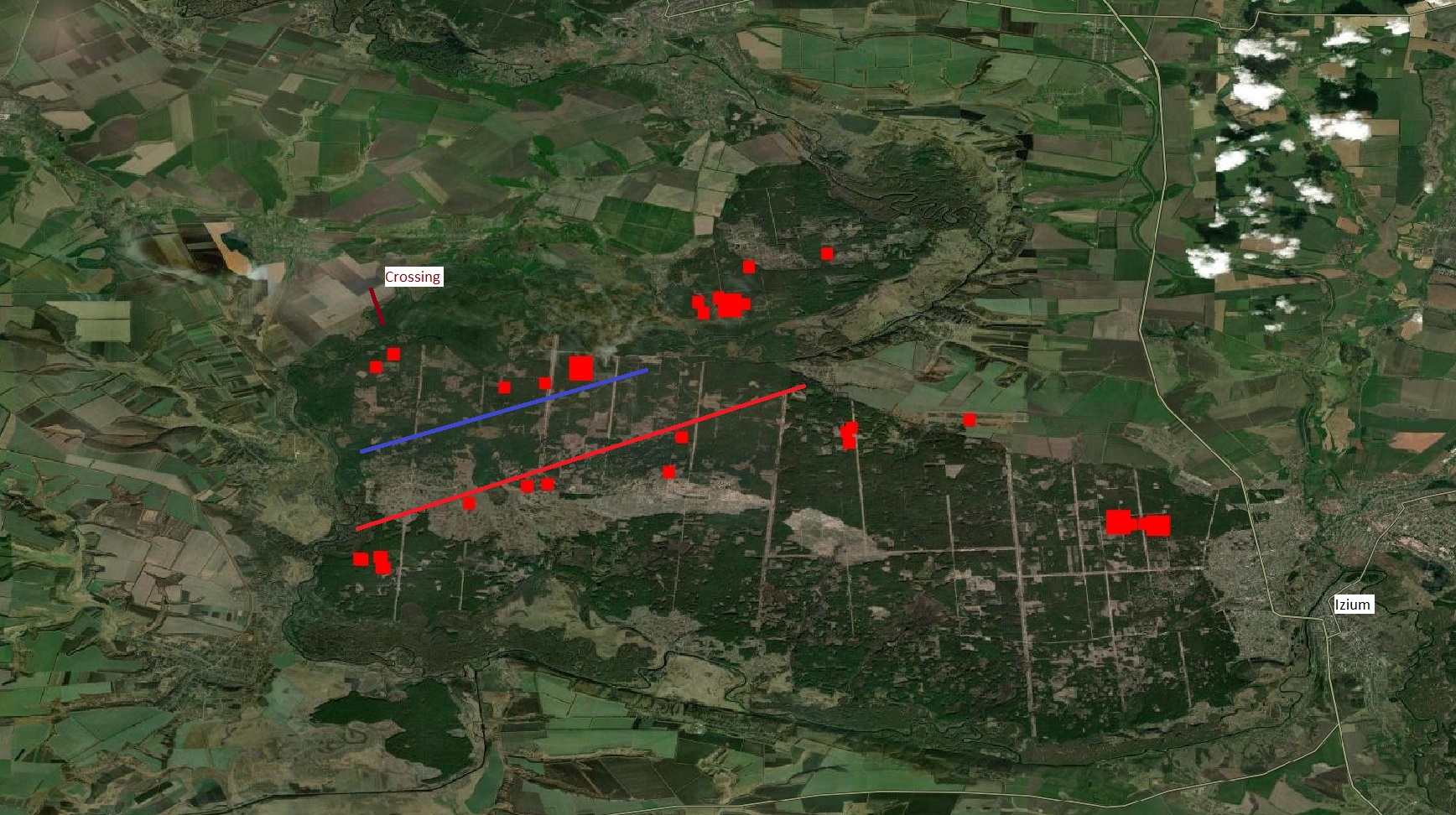 FIRMS images show fires suggesting UA bridgehead and RU defense line