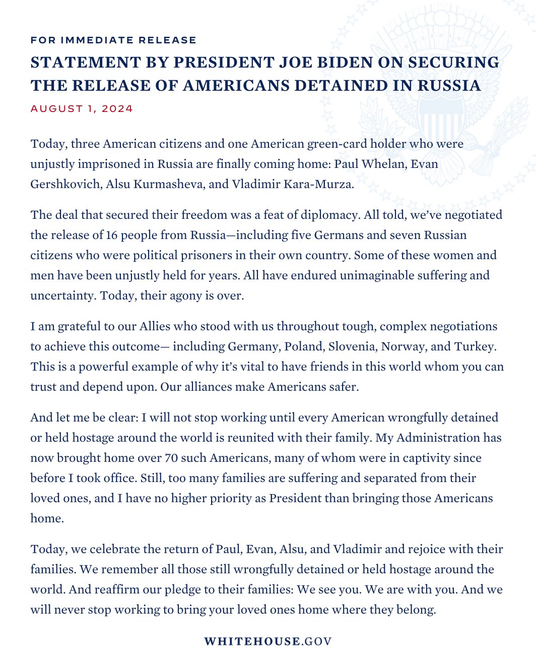 Biden confirms successful prisoner swap with Russia