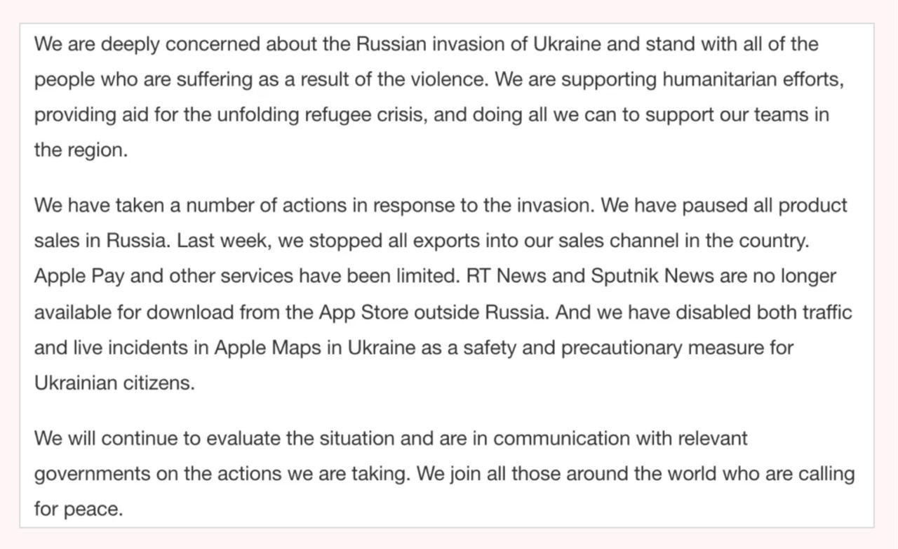 Apple suspends sales and services in Russia