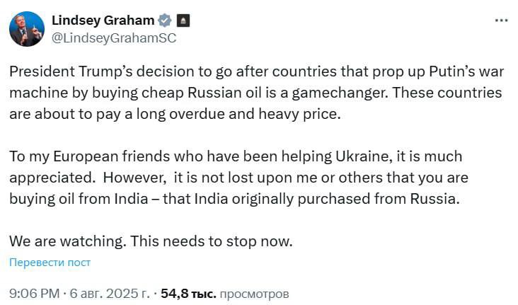 Lindsey Graham urges Europe to halt Russian oil purchases from India