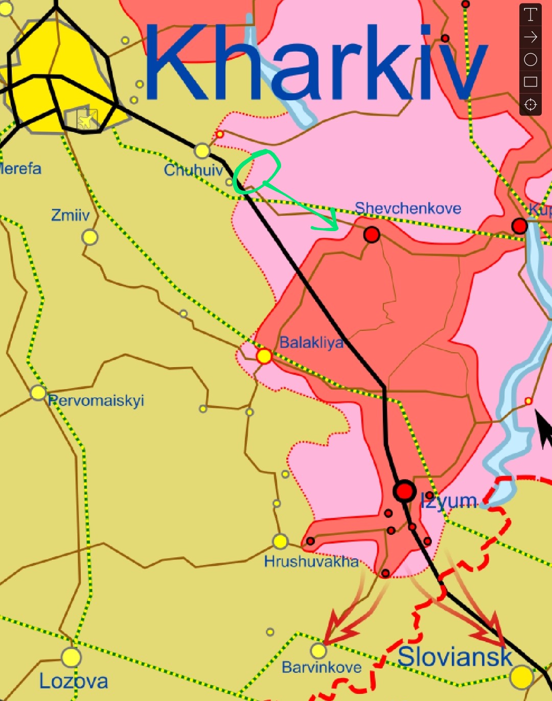 Map shows narrow Russian corridor between Shevchenkove and Kupyansk