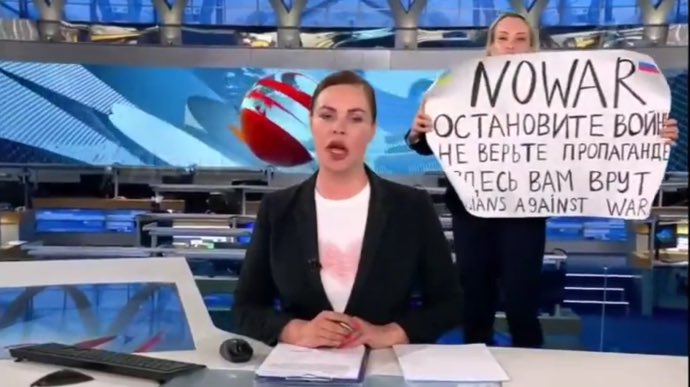 Russian state TV interrupted by employee’s ‘No War’ protest.