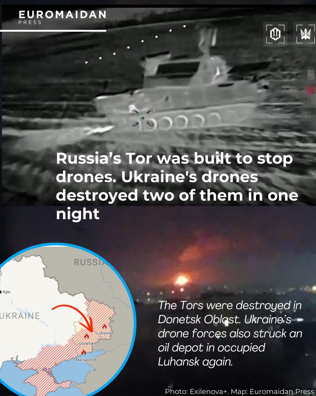 Ukrainian drones destroy Russian Tor systems near occupied cities
