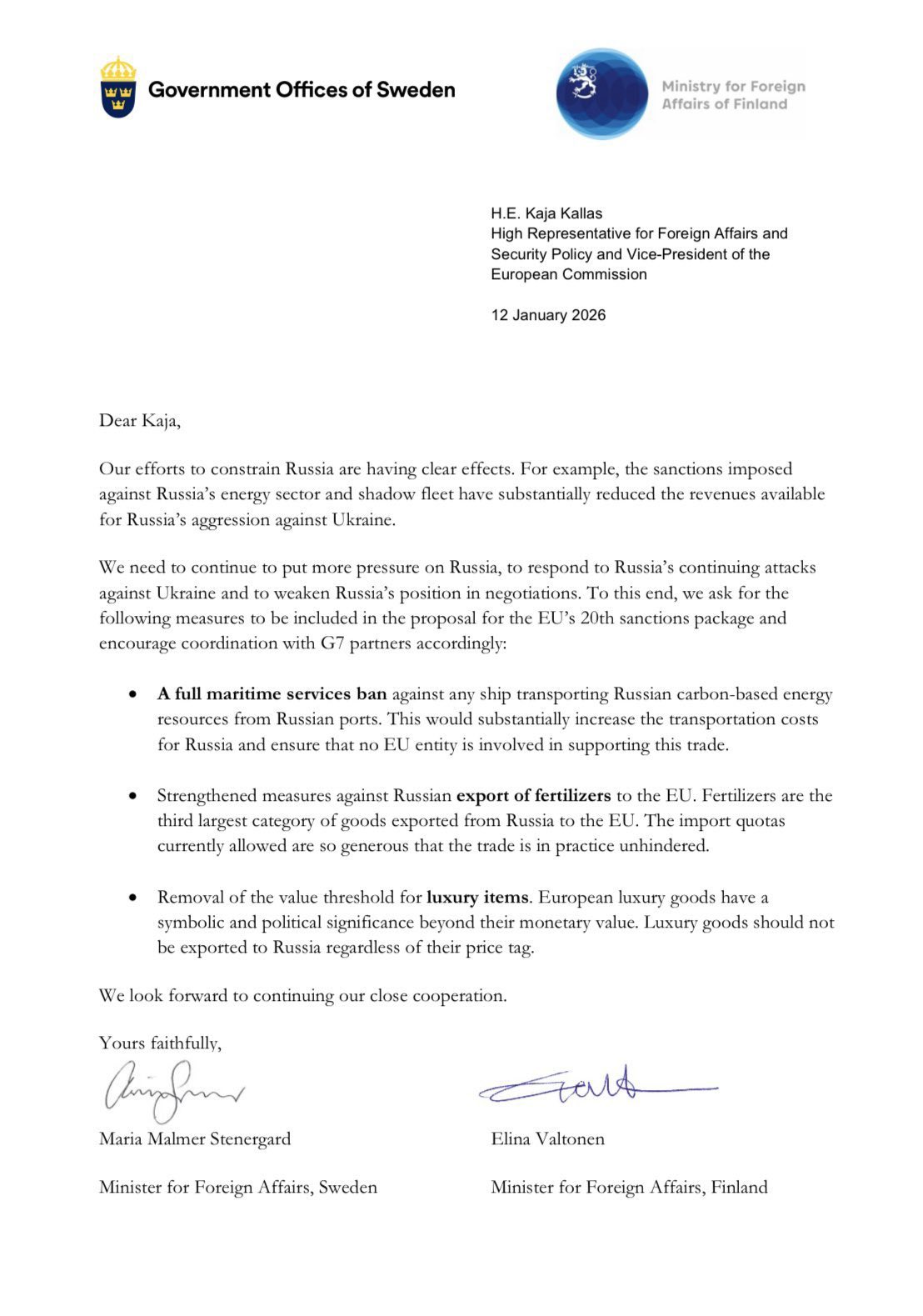 Sweden and Finland urge EU to adopt 20th sanctions package against Russia