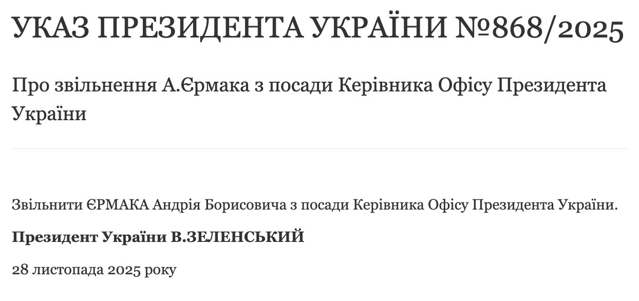 Zelenskyy decree: Yermak no longer heads OP