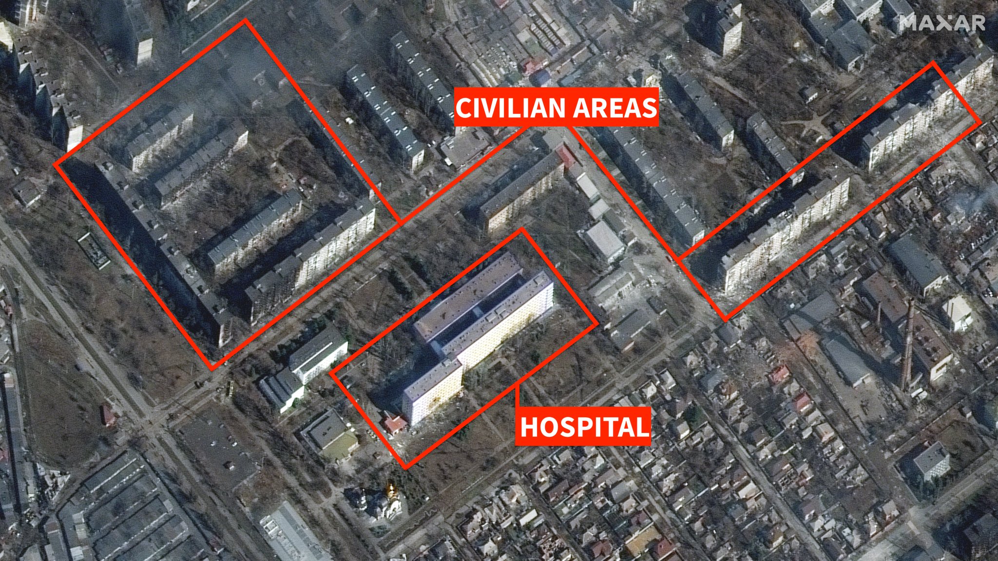 Damage visible in Mariupol on Maxar imagery