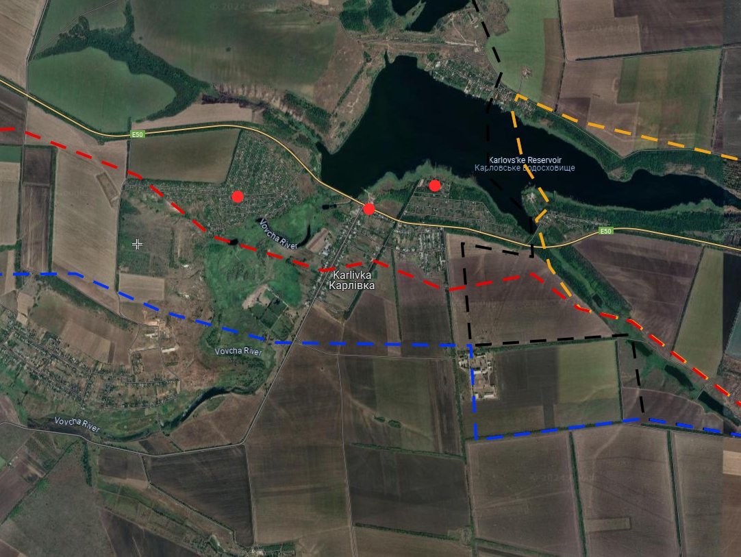 Russian forces likely control Karlivka dam and E50 highway to Novohrodivka.