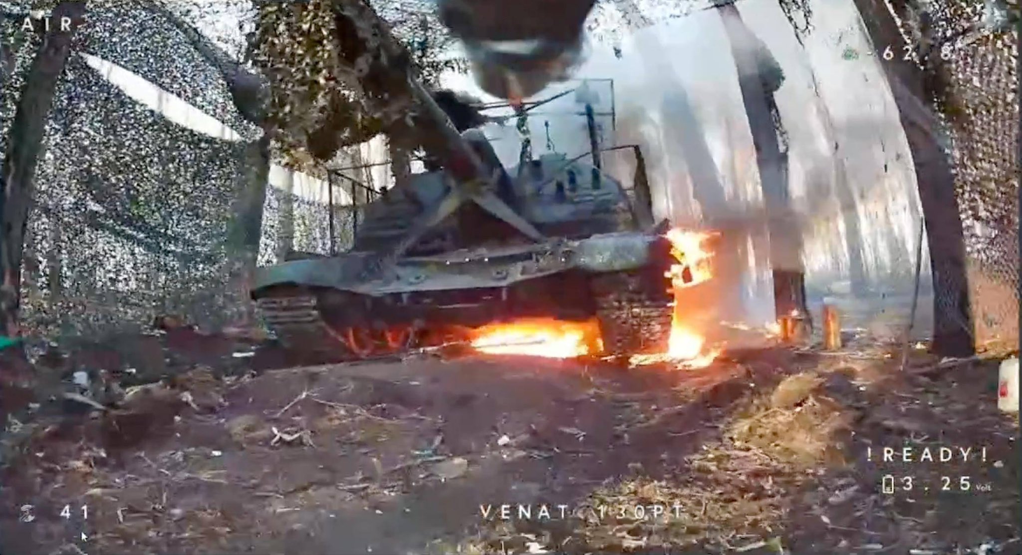 Burning Russian 2S19 Msta-S SPH hit by FPV drone