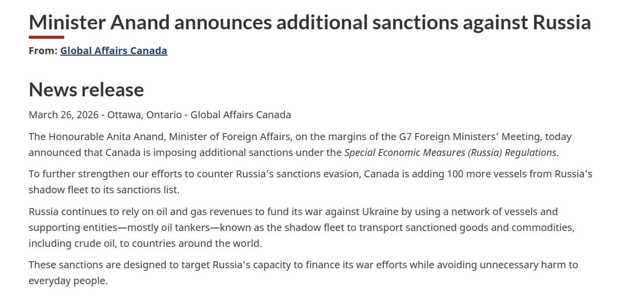 Canada sanctions 100 Russian shadow fleet vessels