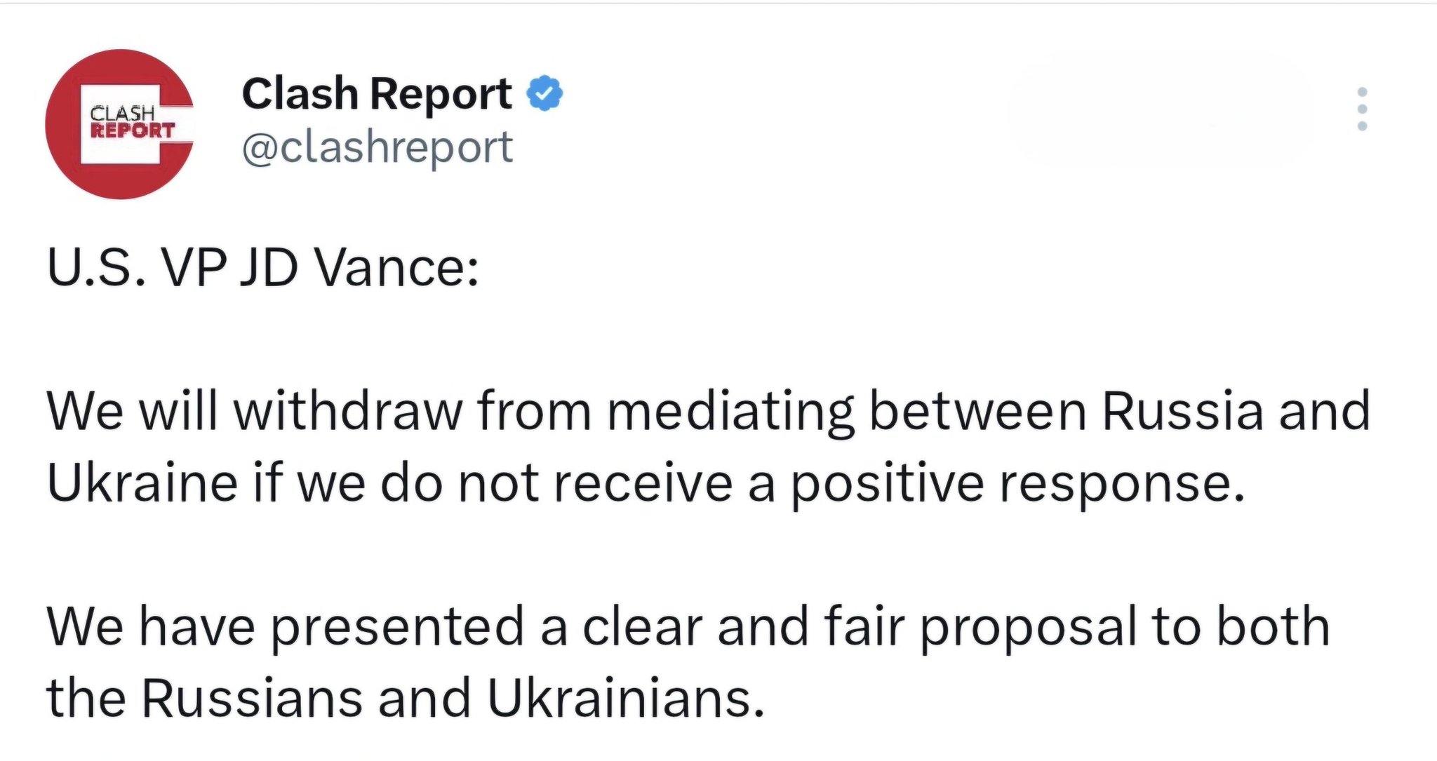 US VP Vance: US to withdraw from Russia-Ukraine mediation without positive response