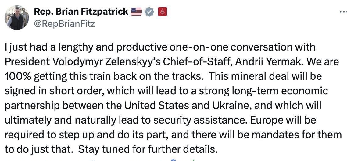 Mineral deal with Ukraine to be signed soon, says US Rep. Fitzpatrick