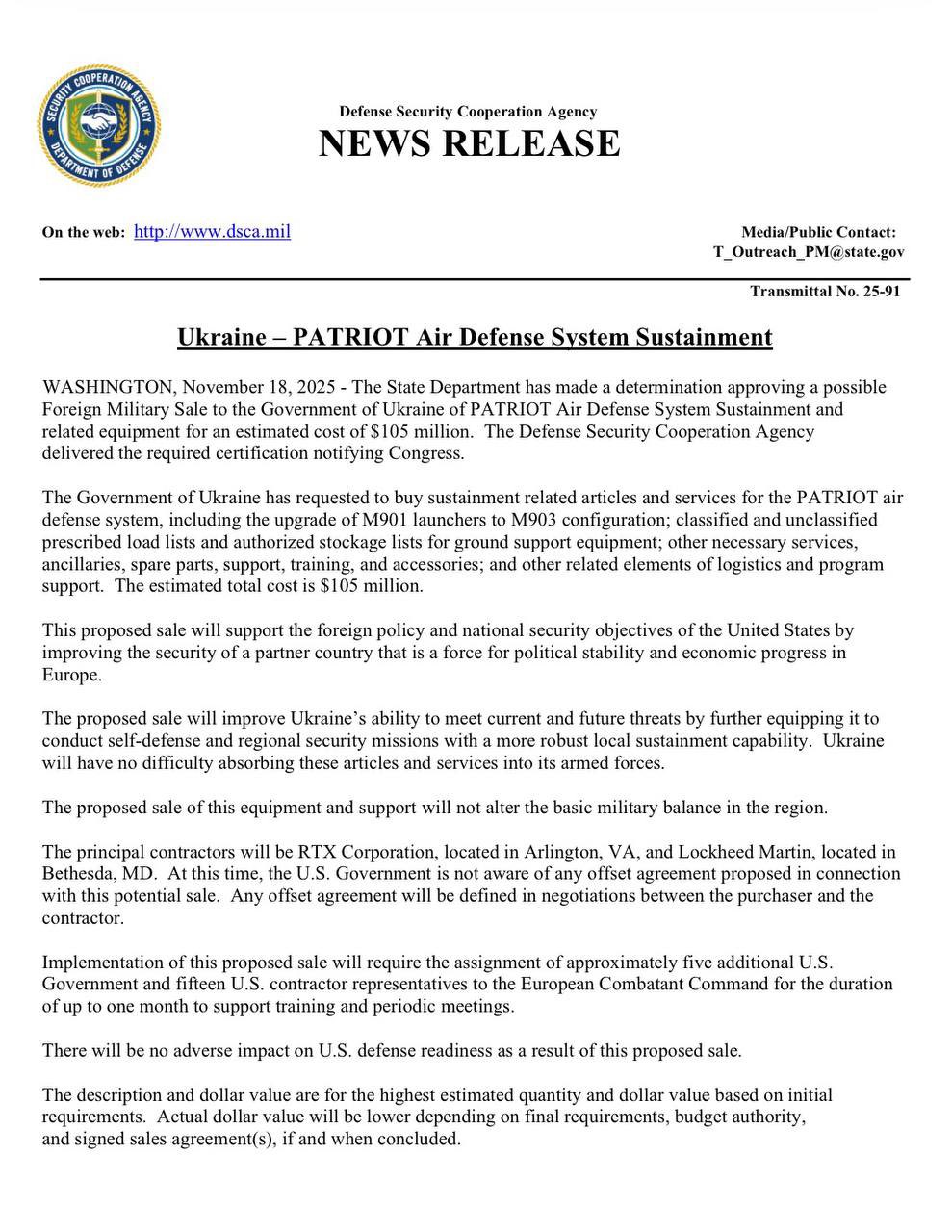 US Approves $105 Million Patriot System Maintenance and Modernization for Ukraine