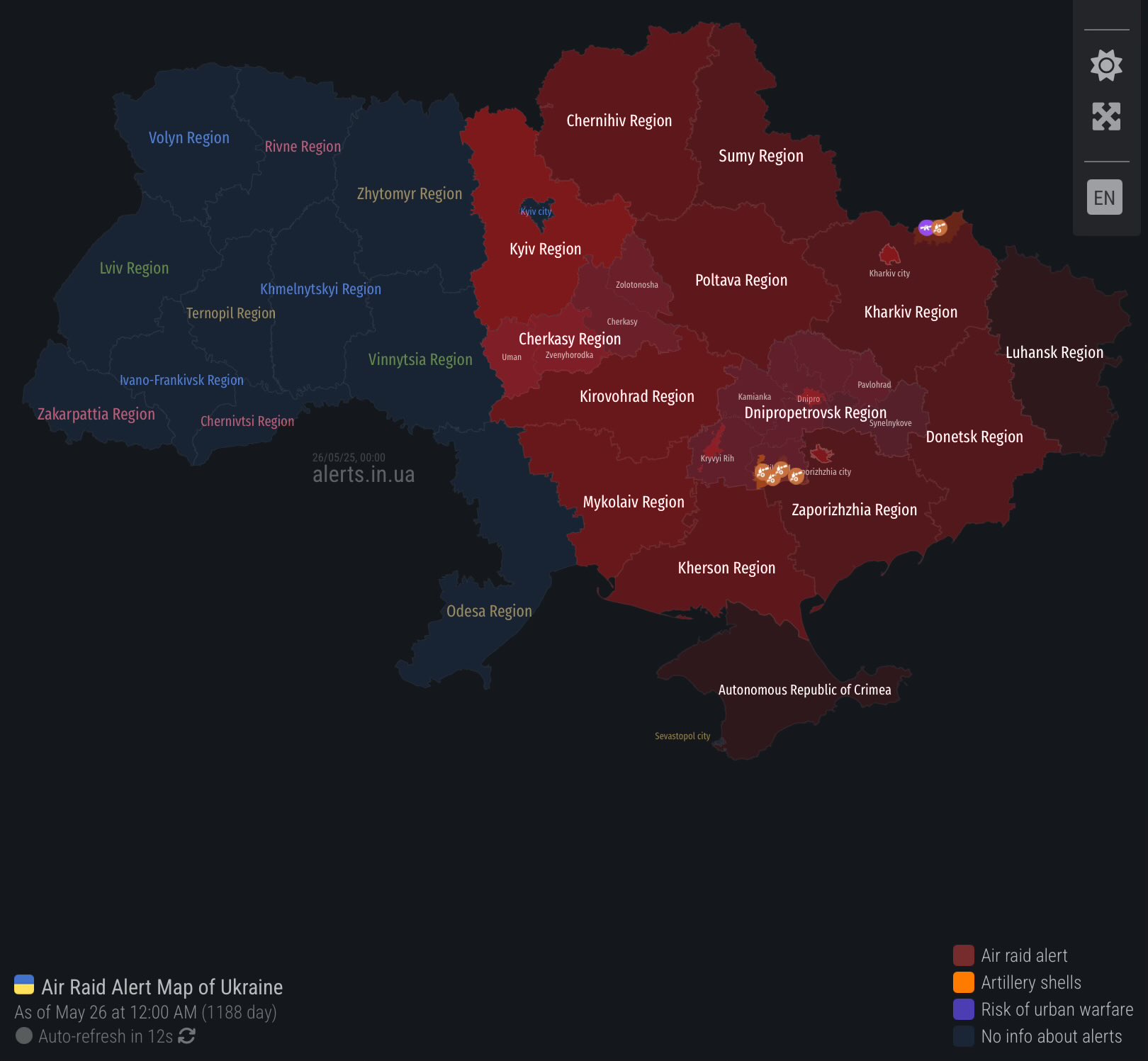 Ukraine Air Raid Map for May 25, 2025