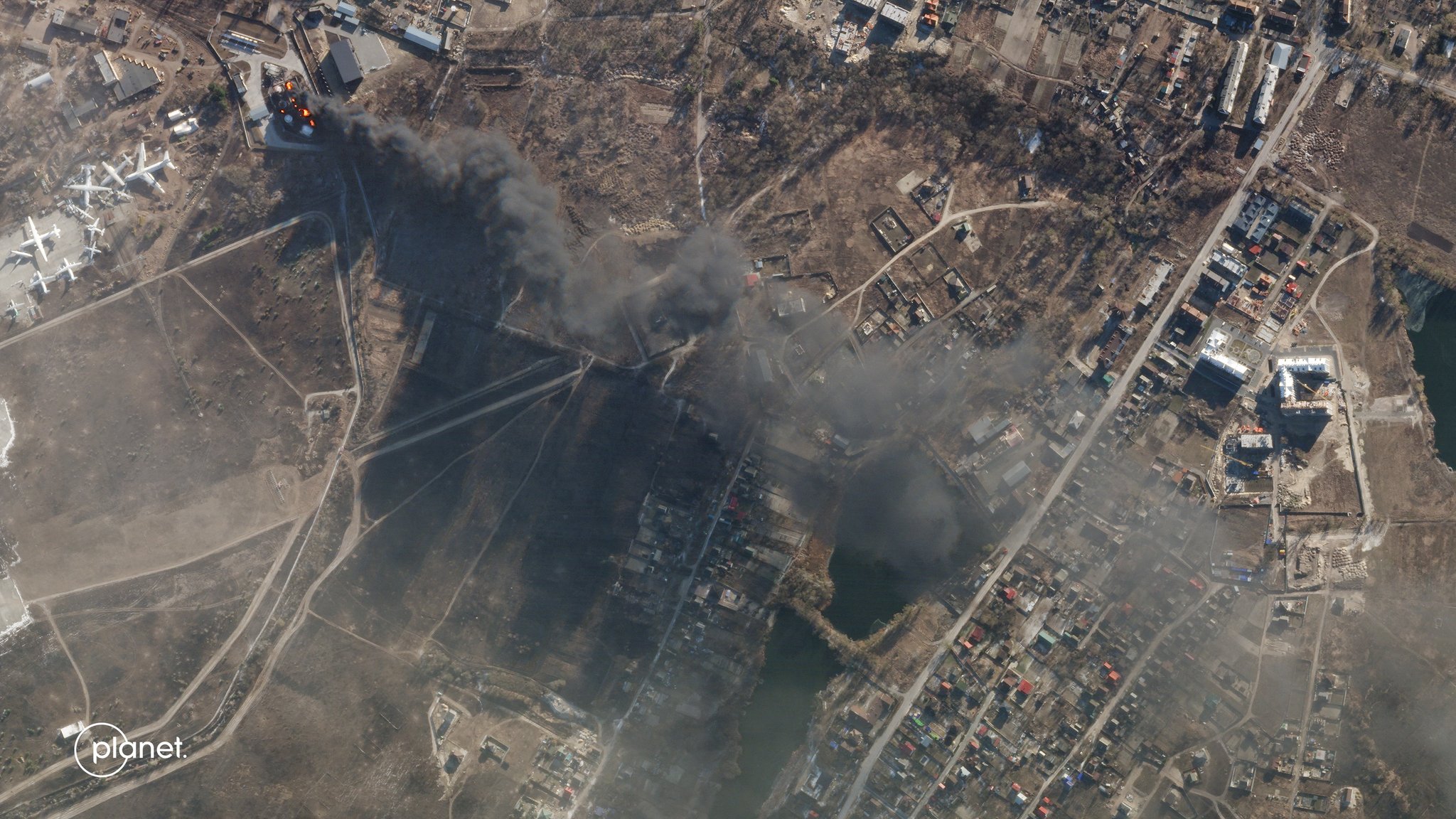 Satellite image shows smoke from fuel depot at Antonov Airport near Kyiv