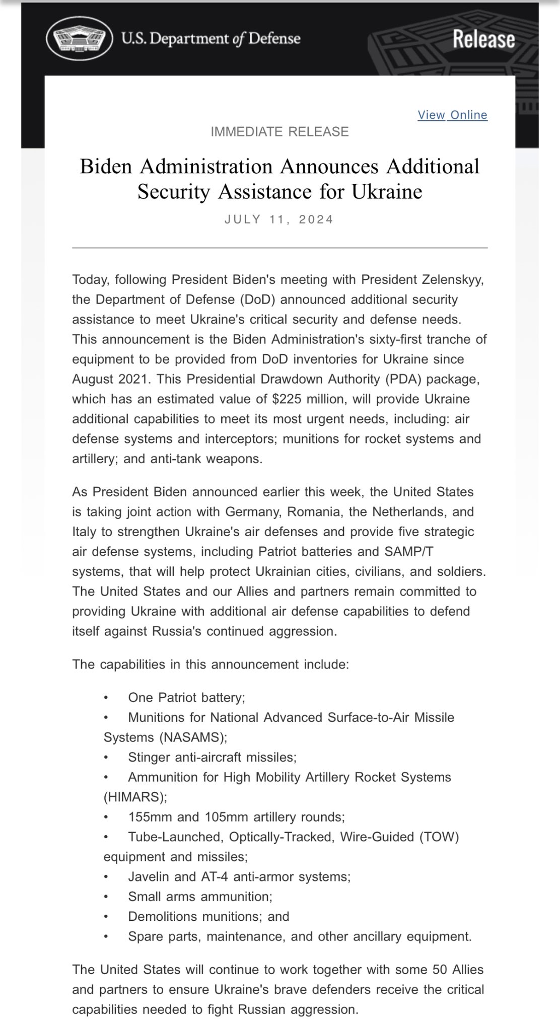 Biden announces new security package for Ukraine
