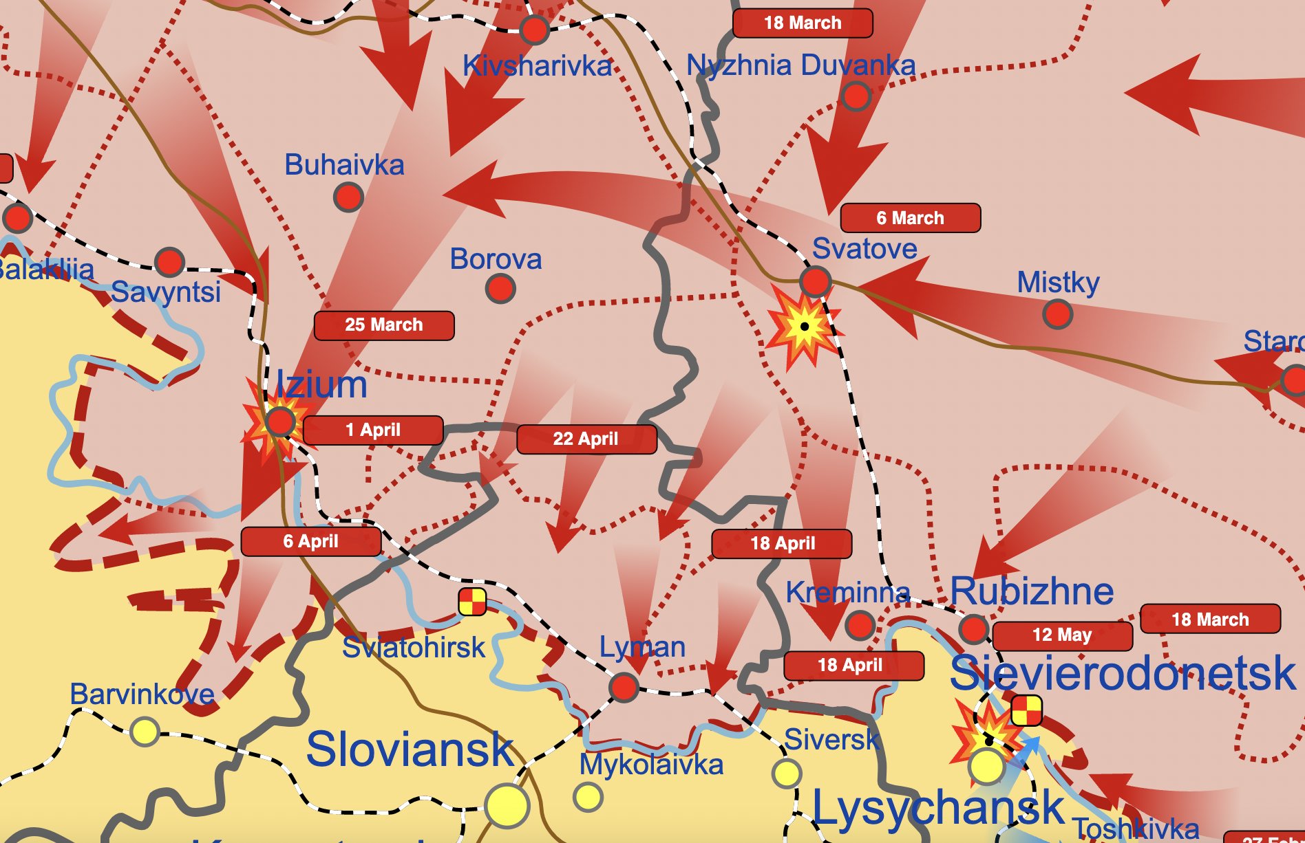 Siverskyi Donets river a key battleground, frontline near Balakliia, Pryshb, south of Izyum