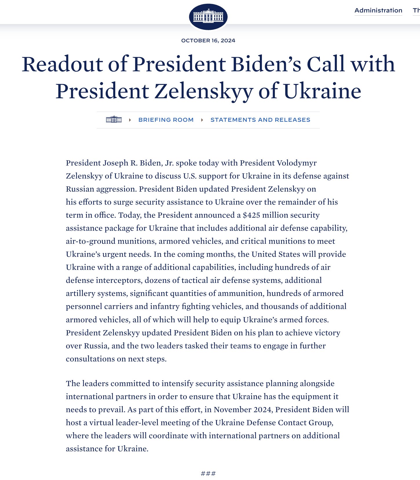 US to provide Ukraine with more air defense, artillery, armored vehicles, ammo