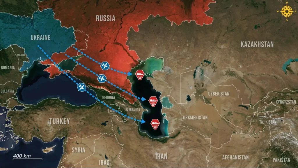 Ukraine strikes deep into Russia’s Caspian Sea oil platforms, proving no zone is safe.