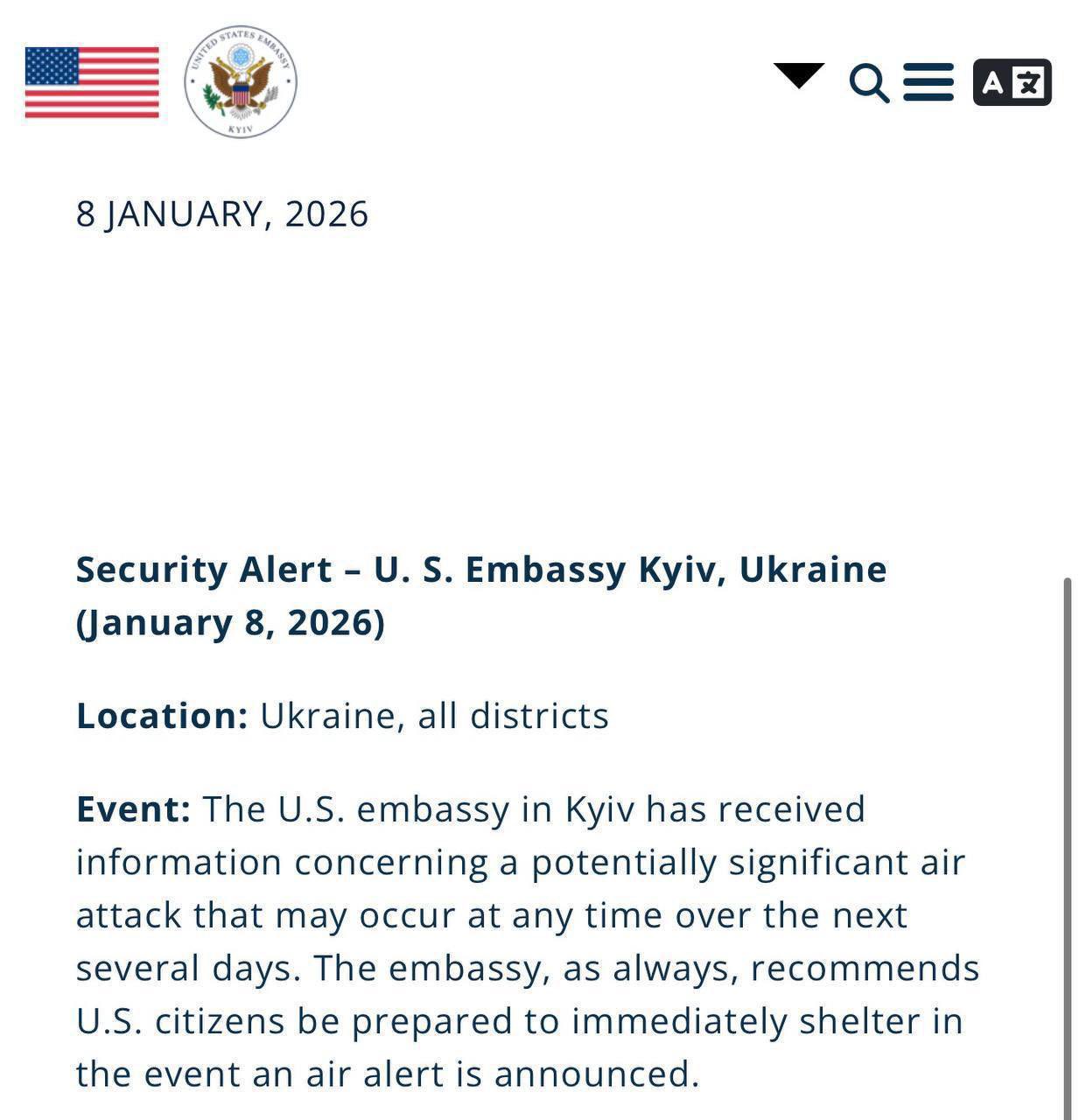 US Embassy warns of potential Russian attack in Ukraine