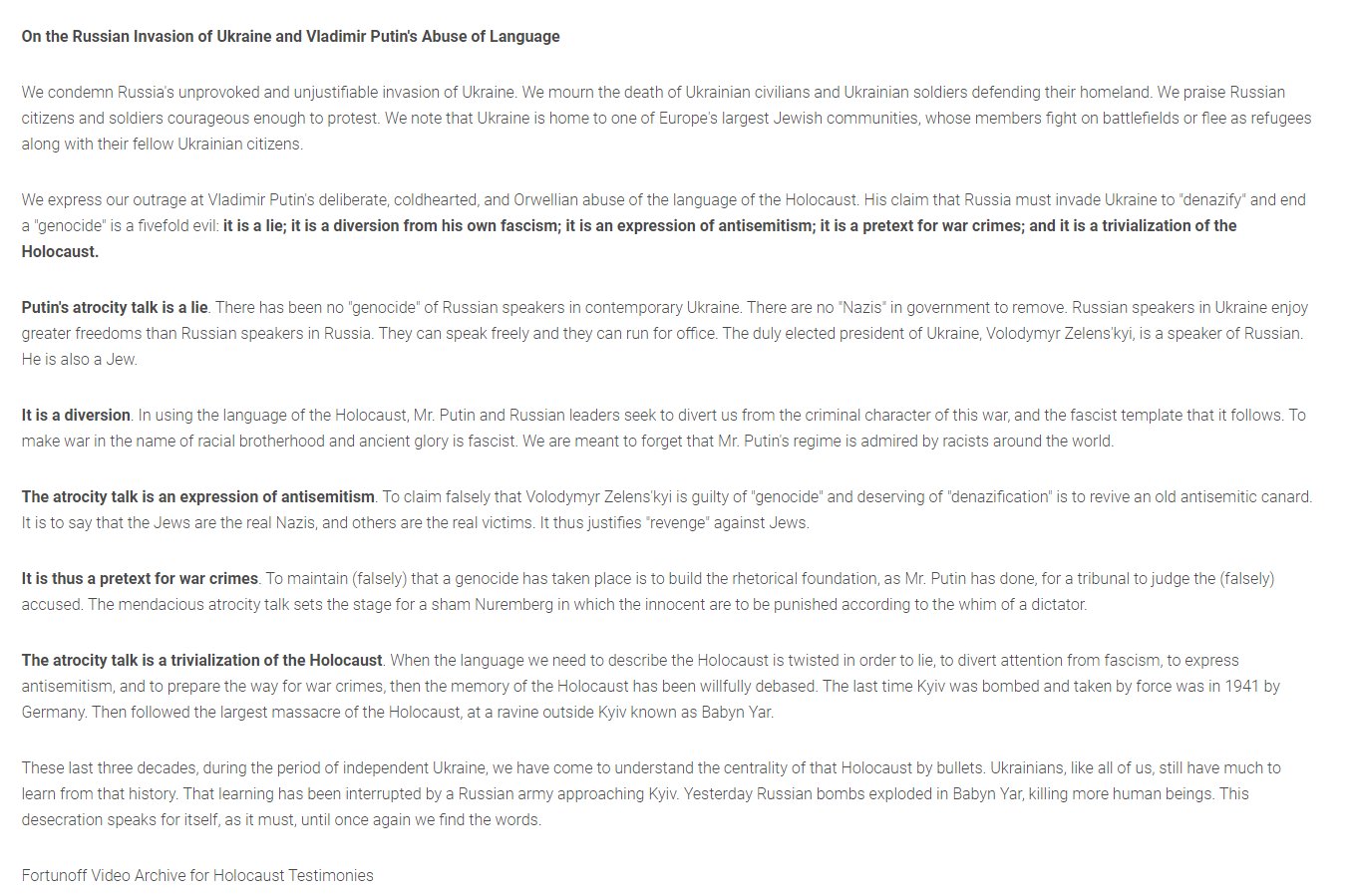 Fortunoff Archive outraged by Putin’s Holocaust language abuse