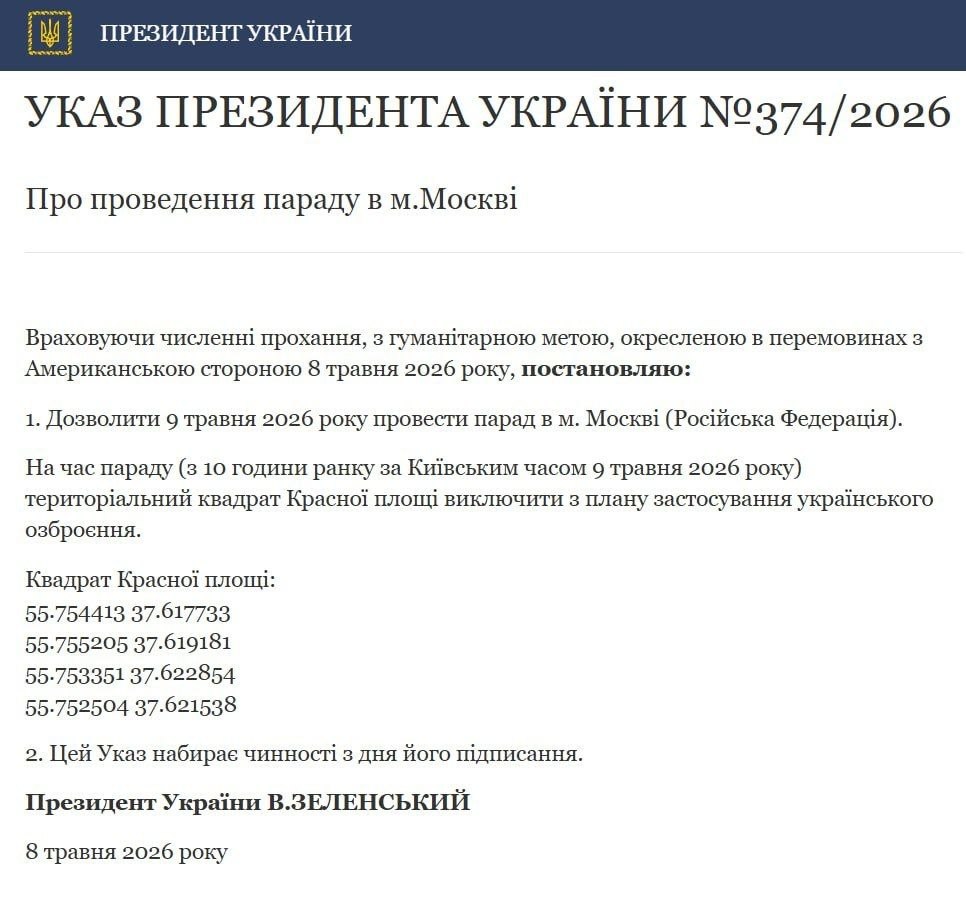 Zelenskyy allows Russian Federation May 9 parade – decree