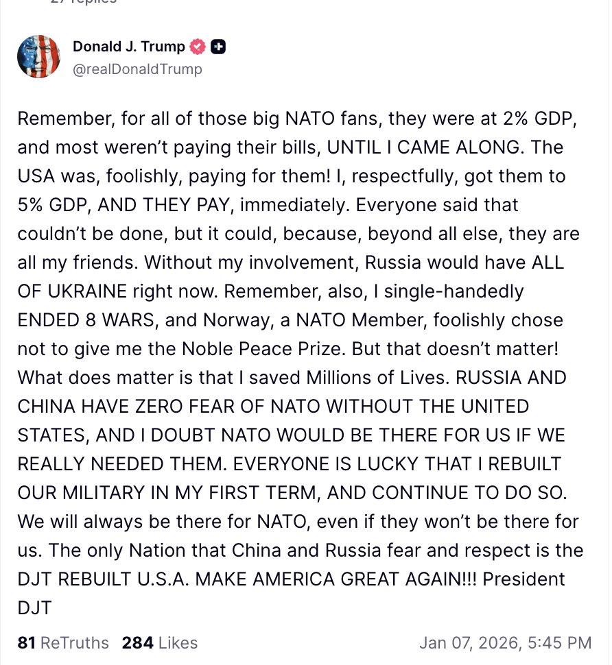 Trump: Without me, Russia would have all of Ukraine; he ended 8 wars.