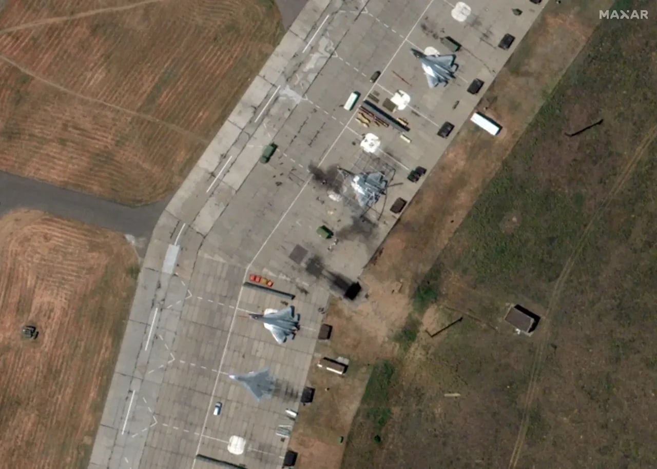 Satellite images reveal Akhtubinsk airfield attack damage, possible fighter cover.