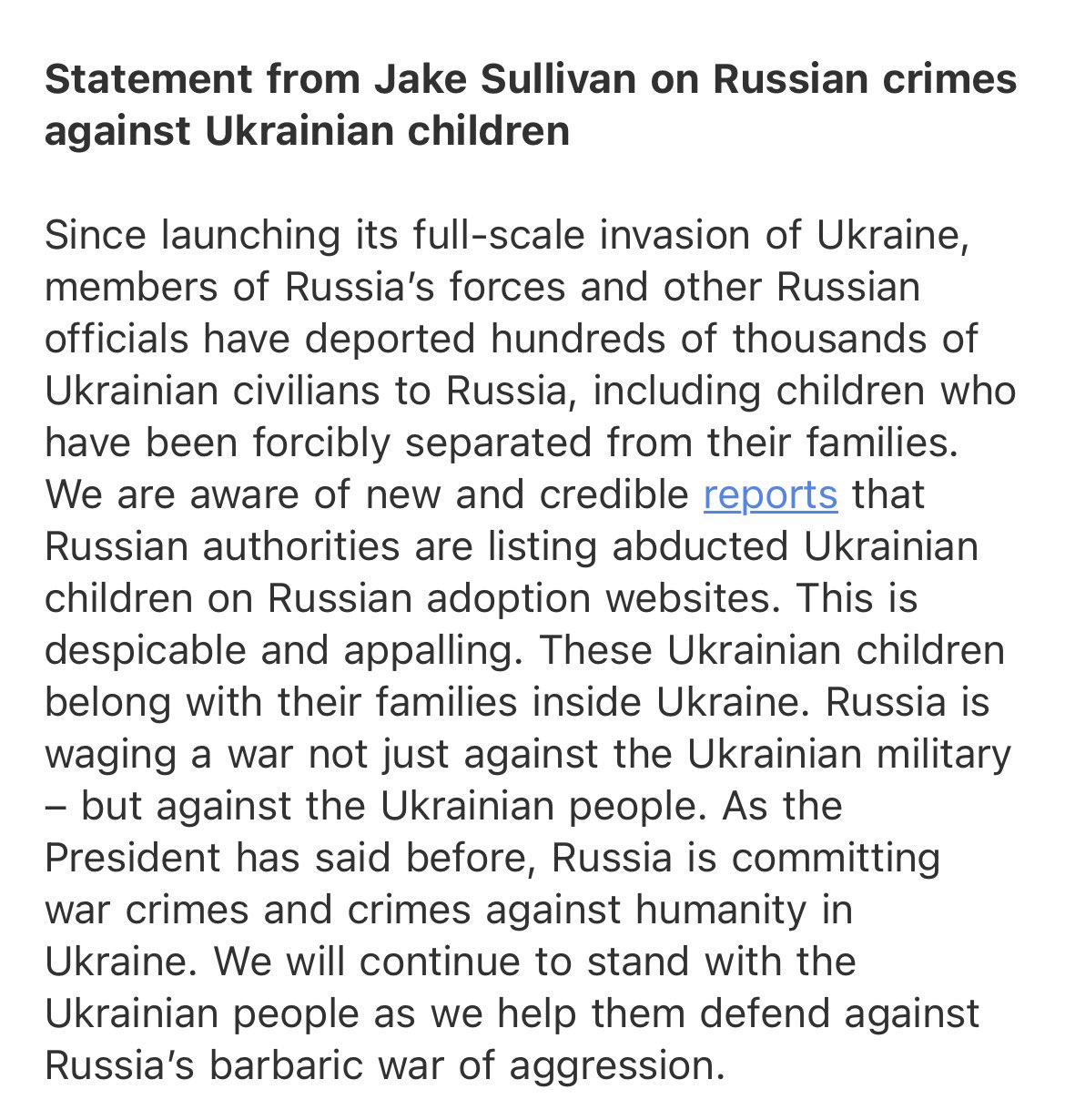 White House condemns Russia’s forced displacement of Ukrainian children