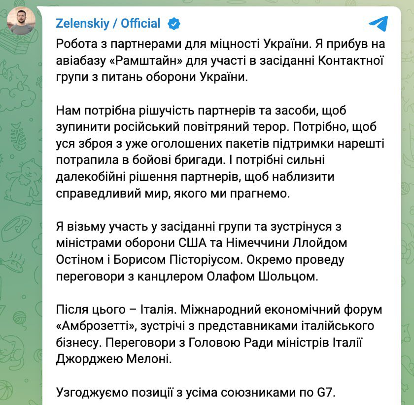 Zelensky at Ramstein: Request for support and means to stop aerial terror
