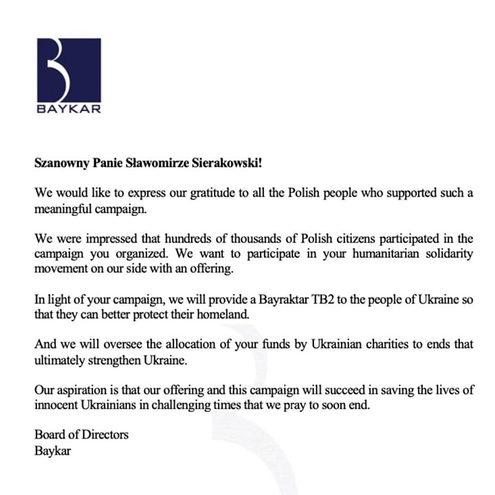Bayraktar donated to Poland for charity