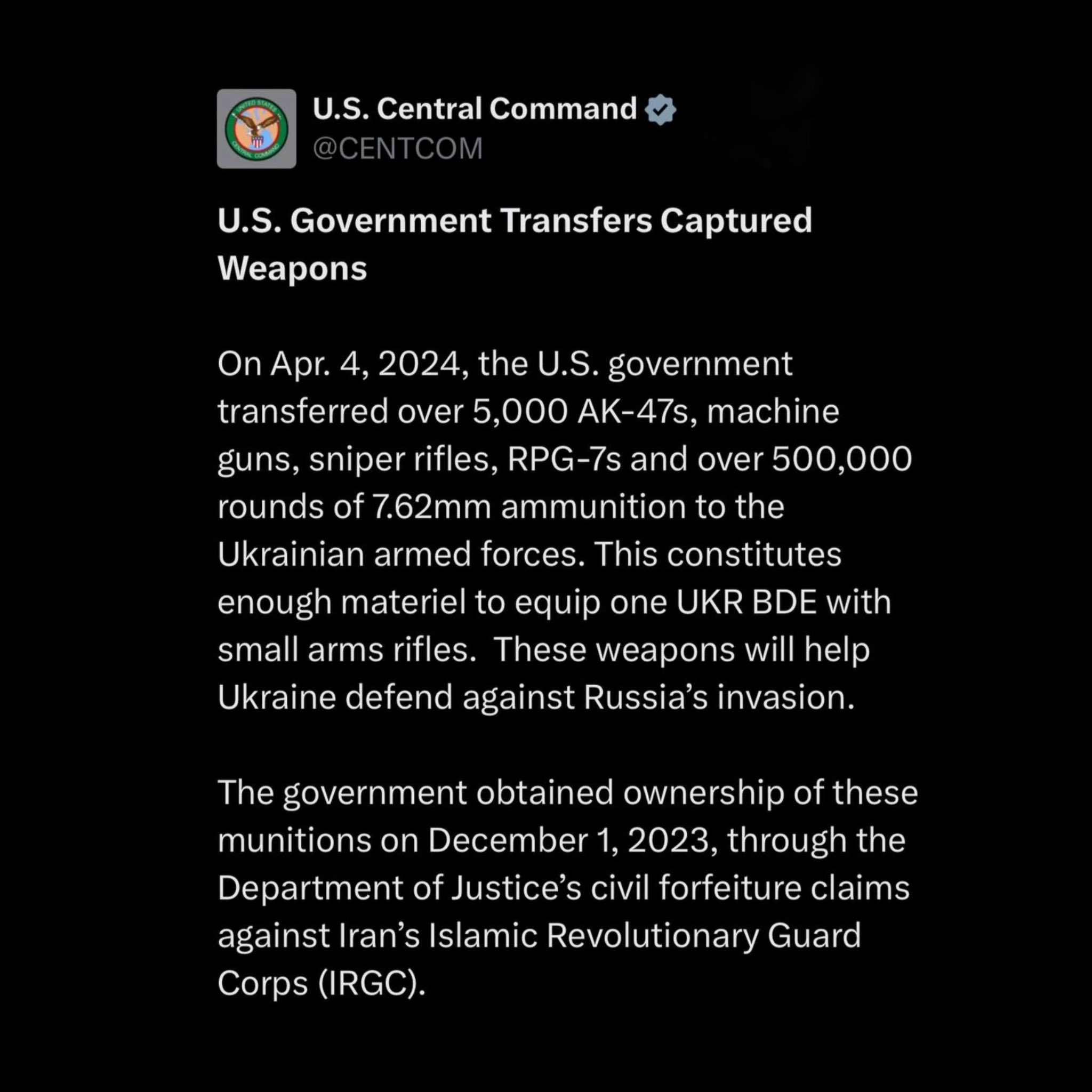 The United States transfers seized weapons to Ukraine