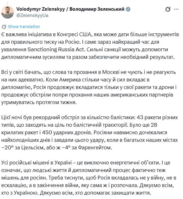 Zelenskyy urges US Congress to adopt sanctions against Russia now
