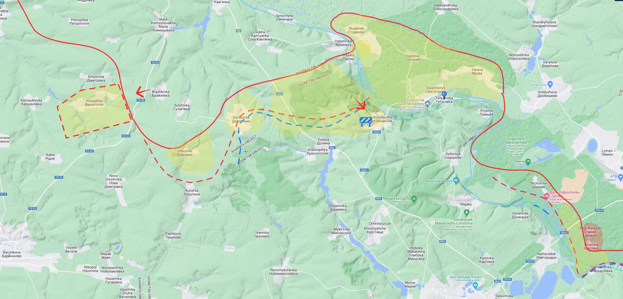 Unsuccessful Russian assault on Bohorodychne, Virnopillya; Staryi Karavan, Brusivka under RU control