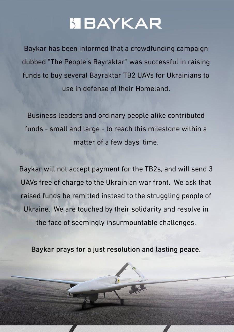 Baykar gifts three TB2 drones to Ukraine, refuses 500M hrn payment
